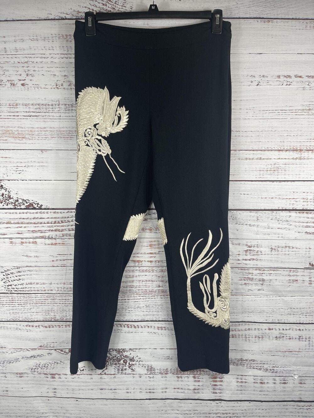 Josie Natori Pants Women's SZ 6 Black Dragon Embroidered Crepe Asian Y2K Grunge
